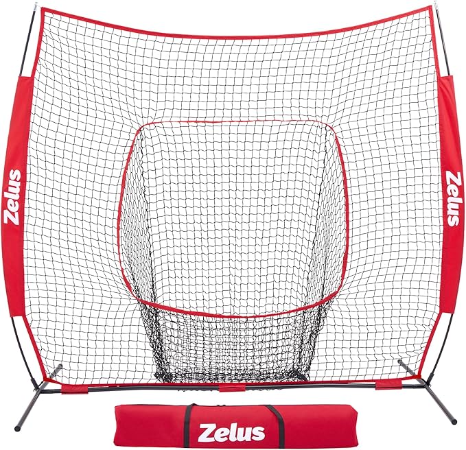 ZELUS Baseball Net 7 ft x7 ft, Softball Hitting & Pitching with Carry Bag, Ground Stakes, Portable Backstop & Bow Frame, Training Equipment for All Ages