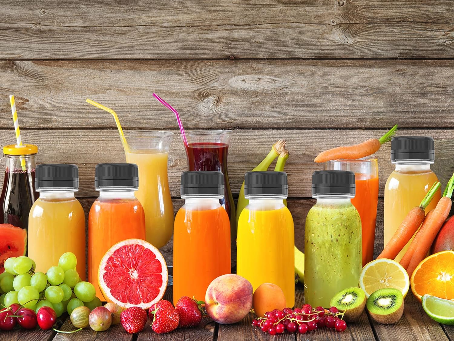 5 Pcs 8 oz Plastic Juice Bottle Reusable Transparent Bulk Beverage Containers with Black Lids for Juice, Drinking Milkshake Tea, Milk, Juicing Smoothie Water and Other Beverages, Fridge Storage