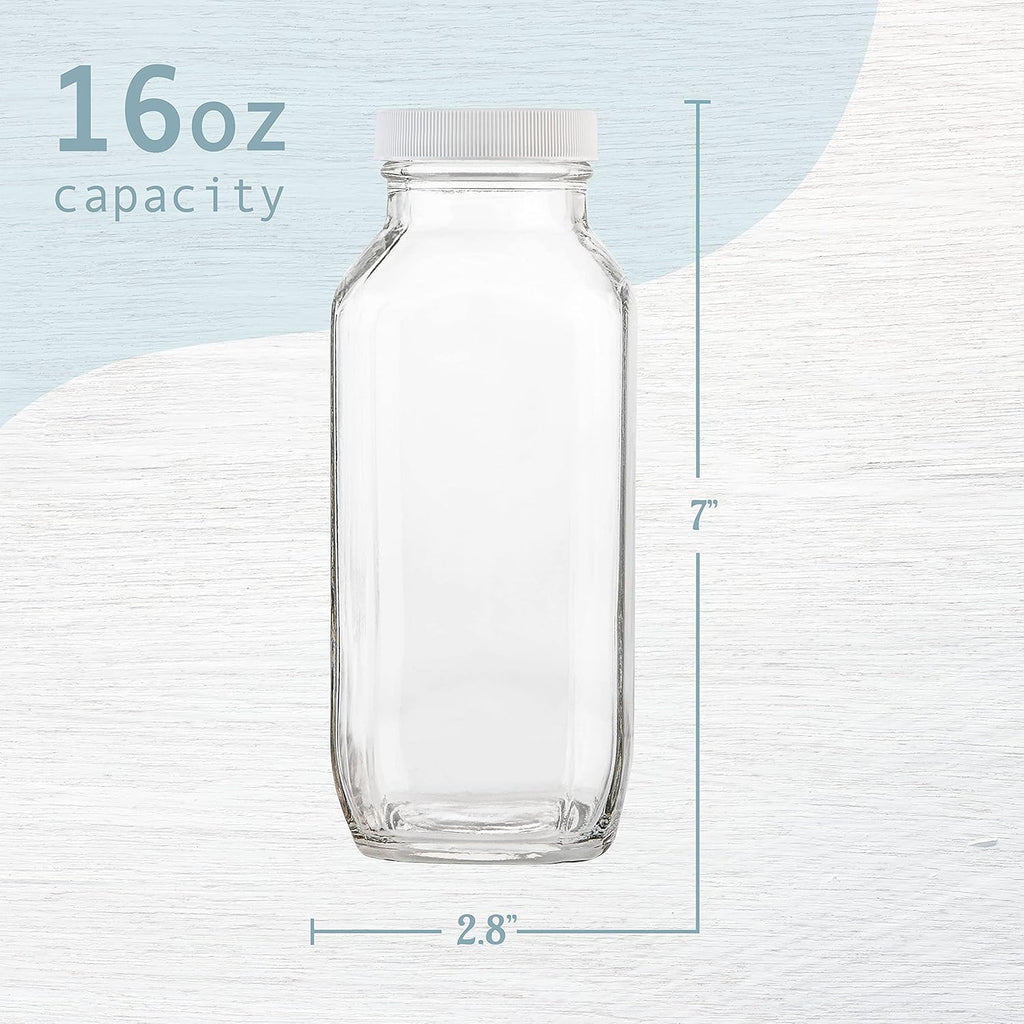 16oz Square Glass Milk Bottles with Plastic Airtight Lids -Vintage Reusable Dairy Drinking Jars Containers for Milk, Yogurt, Smoothies, Juice, Kefir, & Water -2 Pack 16 oz Glass Bottles with Lids