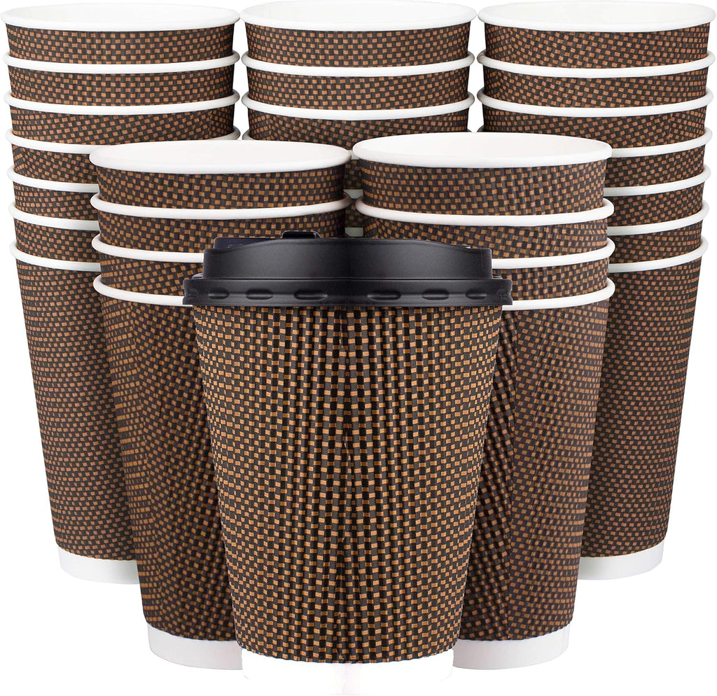 Promora Brown Disposable Coffee Cups With Lids 12 oz, Premium Insulated Paper Ripple Cups for Hot Coffee, Paper Cups 12 oz Coffee Cups 12 oz, Paper Coffee Cup with Lids (80 Pack)