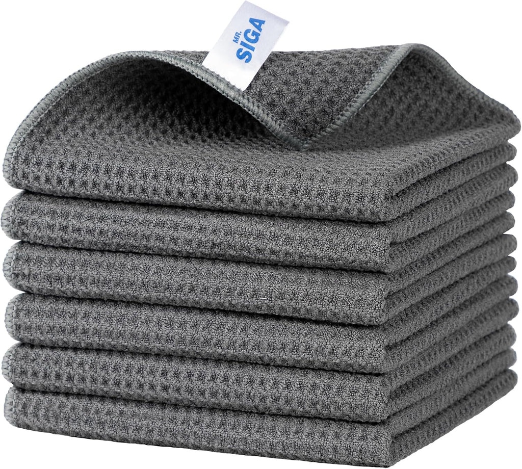 MR.SIGA Waffle Pattern Cleaning Cloths, Reusable Absorbent Microfiber Cleaning Cloths, Lint Free Microfiber Kitchen Towels, 6 Pack, Gray, 12.6 x 12.6 inch