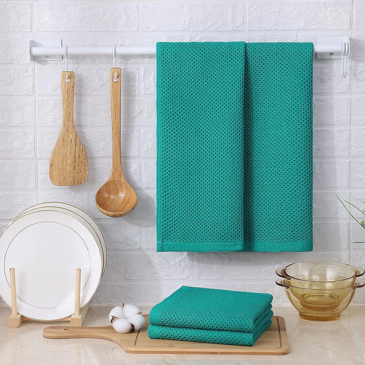 Kitinjoy 100% Cotton Waffle Weave Kitchen Towels, 4-Pack Super Soft and Absorbent Dish Towels for Drying Dishes, Kitchen Hand Towels, 13 in x 28 in, Teal