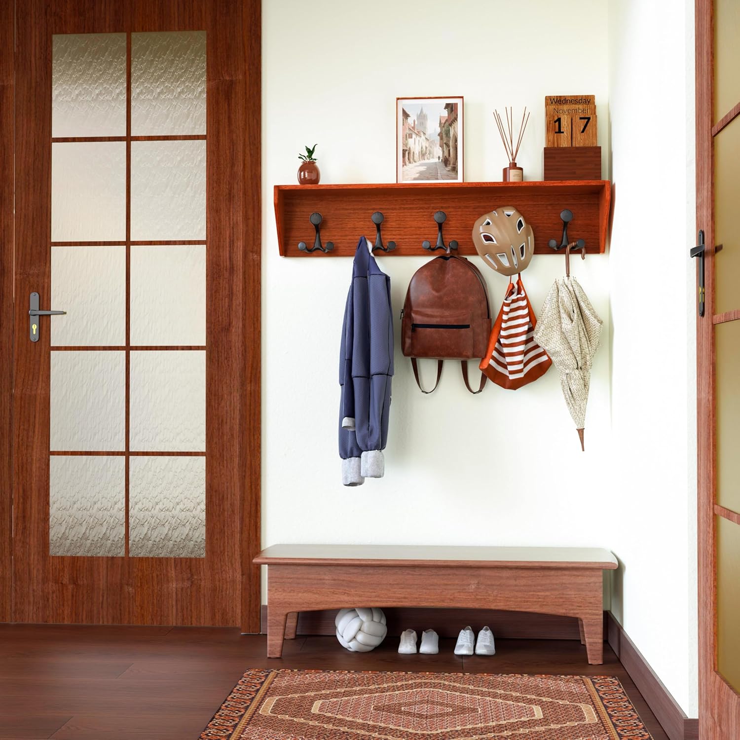 SKOLOO Wall Shelf with Hooks, 35-Inch Cherry Coat Rack Wall Mount with Shelf Organizer - Lightweight & Sturdy, 5 Tri Hooks - Perfect for Entryway, Hallway, Living Room, Bedroom, Mudroom