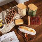 37oz Rectangle Airtight Glass Storage Containers with Bamboo Lids (Set of 4), Square Food Storage Jar, Pantry Organizers for Cereal, Nuts, Snacks and Coffee beans (‎with Black Lable)