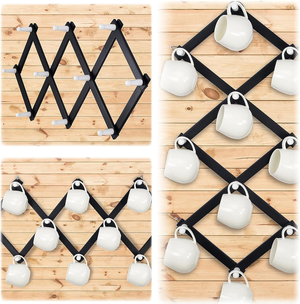 Dseap Accordian Wall Hanger: 16” High Wooden Wall Expandable Coat Rack, Hat Rack Holder, Accordion Hook for Baseball Caps, Coats, Mugs, 10 Peg Hooks, Black & White
