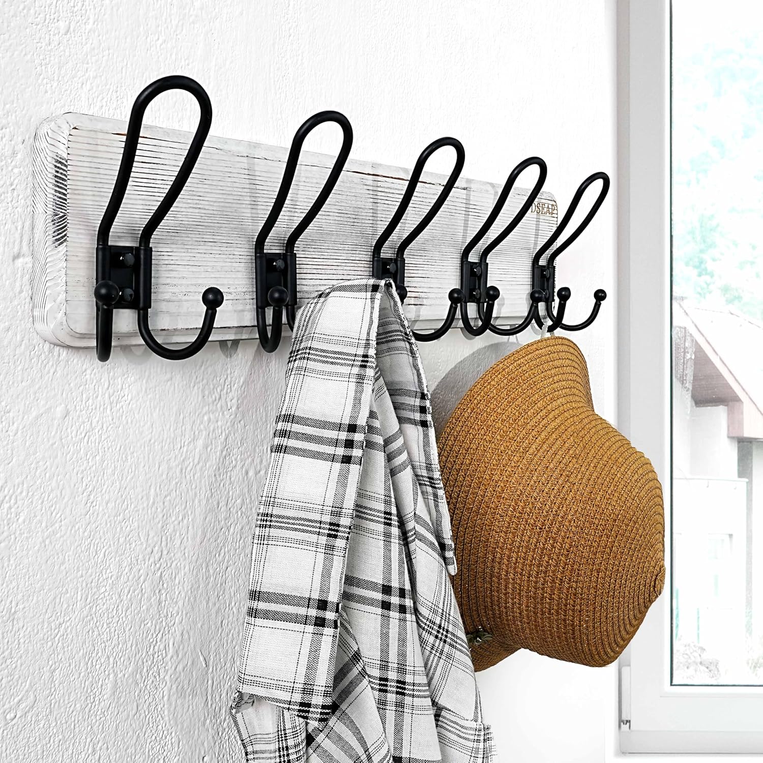 Dseap Coat Rack Wall Mounted - Heavy Duty Farmhouse Rustic Wall Coat Hanger with 5 Wire Hooks for Clothes Hat Jacket Towel, RusticWire, J1-5A, Whitewash & Black, Pack of 2