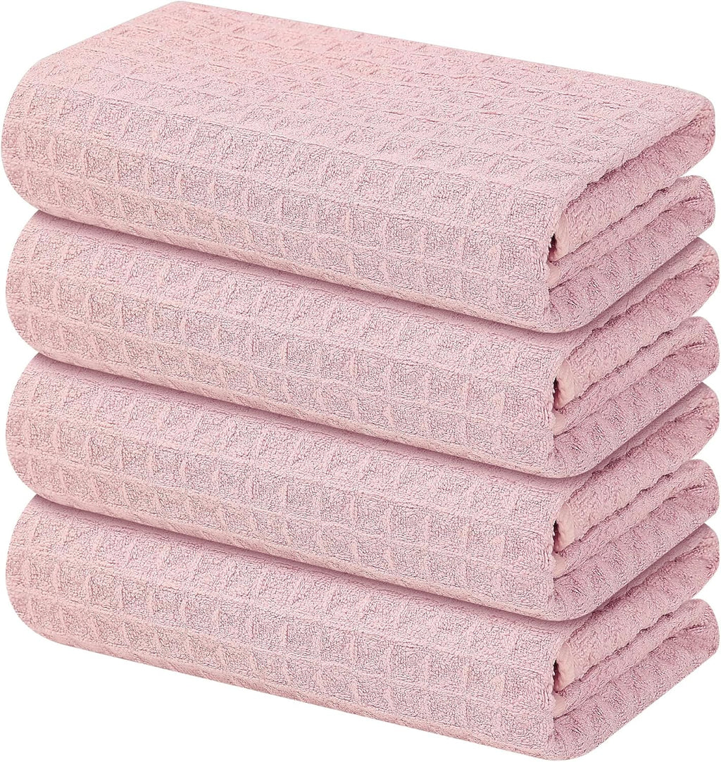 Homaxy Microfiber Waffle Weave Kitchen Towels, 16 x 28 Inch Ultra Absorbent and Solid Color Dish Towels, 4 Pack, Pink