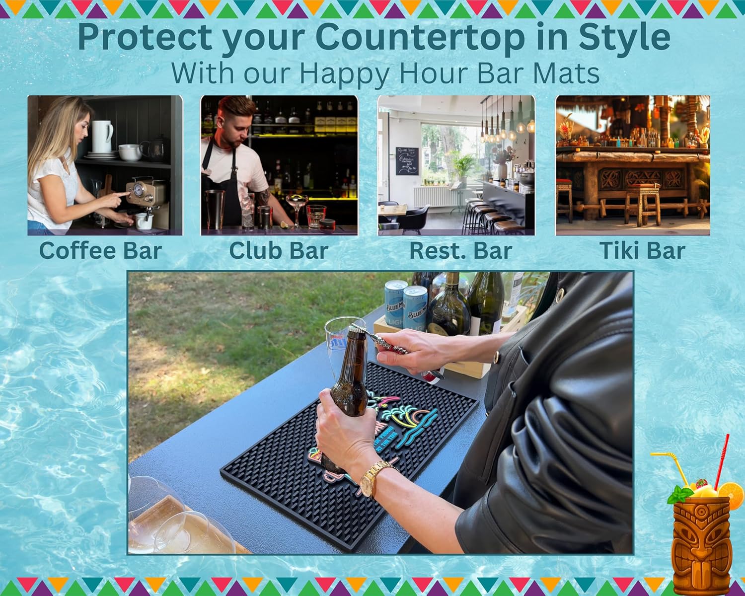 Aloha Tiki Bar Mat Gettin Freaky at The Tiki 18x12 in Hawaiian Decorations | Luau Party Decorations & Hawaiian Party Decorations Bar Mats for Countertop, Hawaii Palm Tree, Flying Parrot Tiki Bar Decor