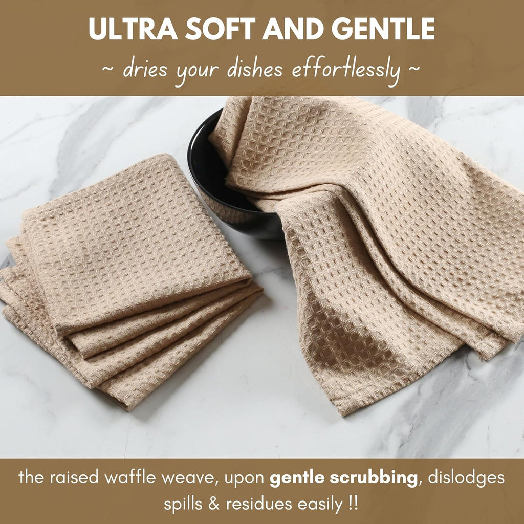 Native Fab Cotton Kitchen Towel with Hanging Loop 16x26 inches, 4-Pack, Waffle Weave Kitchen Towels for Cleaning Drying, Washcloths Soft & Absorbent Cloth Rags, Bar Towel, Dish Cloth, Beige
