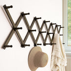 Dseap Accordion Wall Hanger:16'' High Wooden Wall Expandable Coat Rack,Hat Rack Holder,Accordion Hook for Baseball Caps,Coats,20 Peg Hooks,Dark Walnut