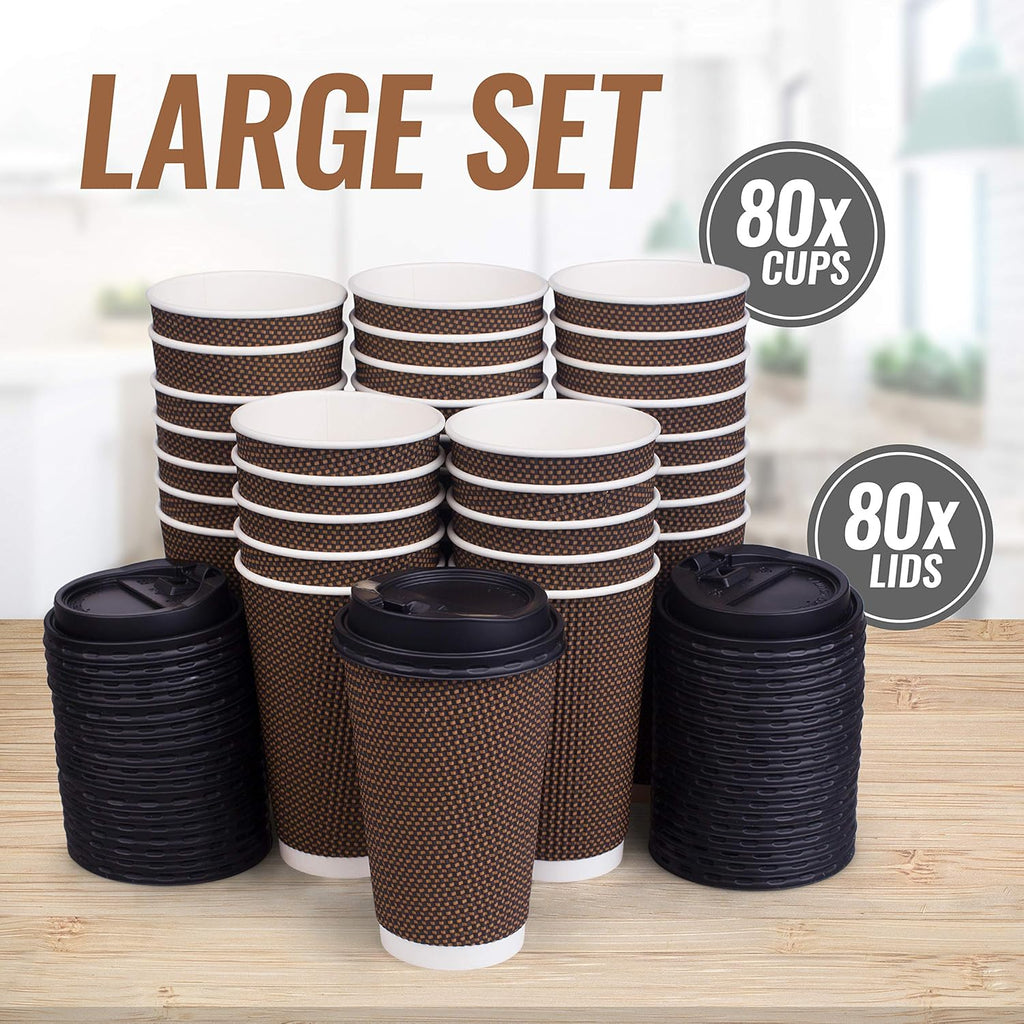 Promora Brown Disposable Coffee Cups With Lids 16 oz, Premium Insulated Paper Ripple Cups for Hot Coffee (80 Pack)