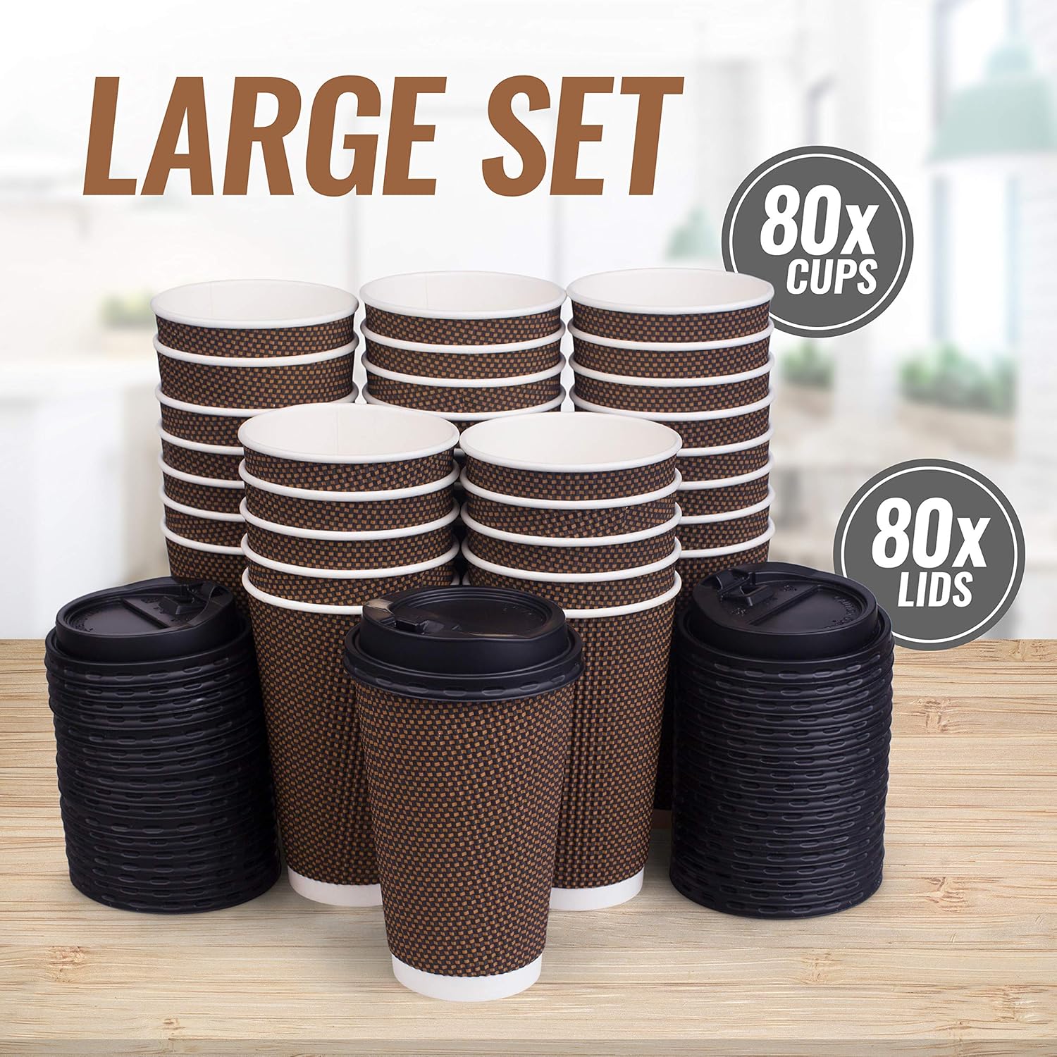 Promora Brown Disposable Coffee Cups With Lids 16 oz, Premium Insulated Paper Ripple Cups for Hot Coffee (80 Pack)