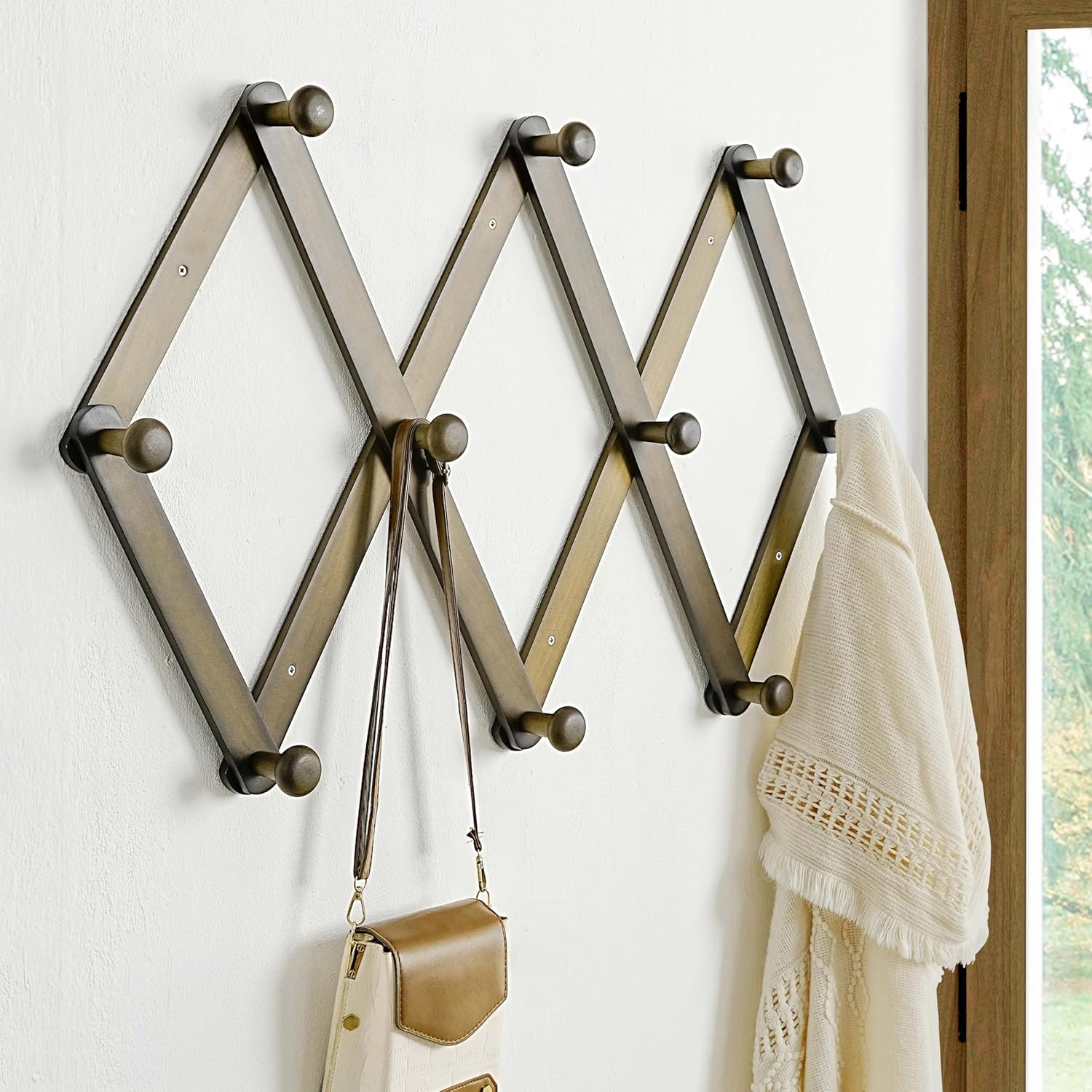 Dseap Expandable Coat Rack (Larger Version) - 24” High, Anti-Slip, Ultra Heavy Duty Wooden Accordian Wall Hanger with 10 Study Peg Hooks for Clothing Hats Jackets Bags, Dark Walnut