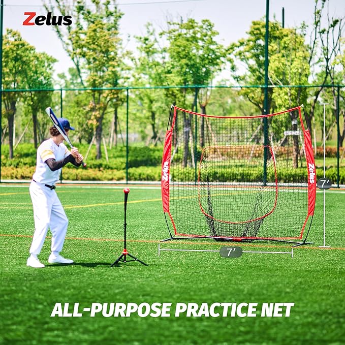 ZELUS Baseball Net 7 ft x7 ft, Softball Hitting & Pitching with Carry Bag, Ground Stakes, Portable Backstop & Bow Frame, Training Equipment for All Ages