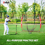 ZELUS Baseball Net 7 ft x7 ft, Softball Hitting & Pitching with Carry Bag, Ground Stakes, Portable Backstop & Bow Frame, Training Equipment for All Ages