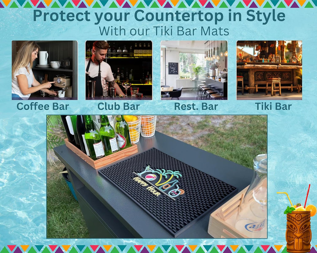 Tiki Bar Decor Happy Hour Mat 18x12 in, Tiki Bar Mats for Countertop with Martini, Beach Ball, Palm Trees, Beer Bottle and Cocktail Design - Outdoor Tiki Bar Mat, Tiki Decor Bar Mats for Bartending