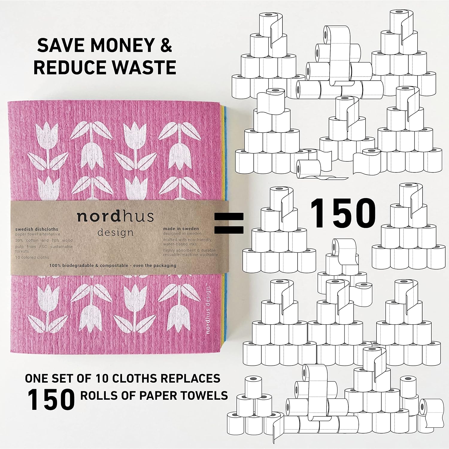 Nordhus Design Swedish Dishcloths,10 Cloths, Made in Sweden - Reusable, Washable Cellulose Cotton Kitchen Cloths - Replace Paper Towels, Wipes, Sponges, Dish Rags