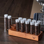 Single Dose Coffee Bean Storage Tubes Coffee Bean Cellar 10 Pcs Dosing Glass Vials With Lids (2 Oz) Wooden Display Stand And Funnel