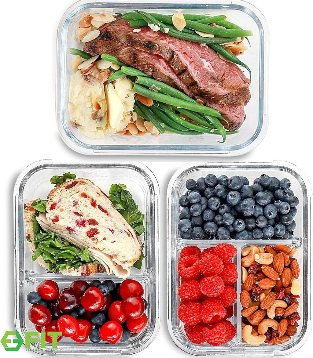 FIT Strong & Healthy Glass Meal Prep Containers with Lids, 1 & 2 & 3 Compartments – Portion Control Containers, Glass Lunch Box, Food Storage, Leak-Proof, Oven & Freezer Safe, 35 oz, Blue, 3 Pack