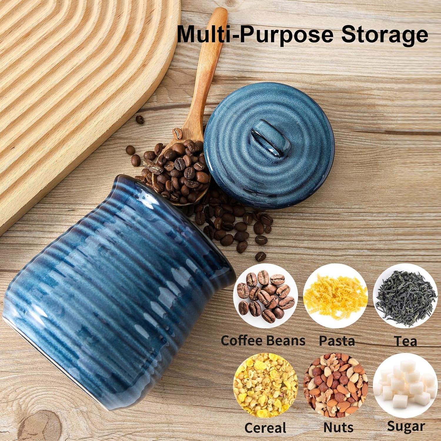 Ceramic Kitchen Canister, Large Food Storage Jar with Aritight Lid for Coffee,Tea,Sugar,Flour,Cookie,Candy,Cereal,Dog Treat, 35 oz Coffee Canister for Kitchen Countertop, Blue