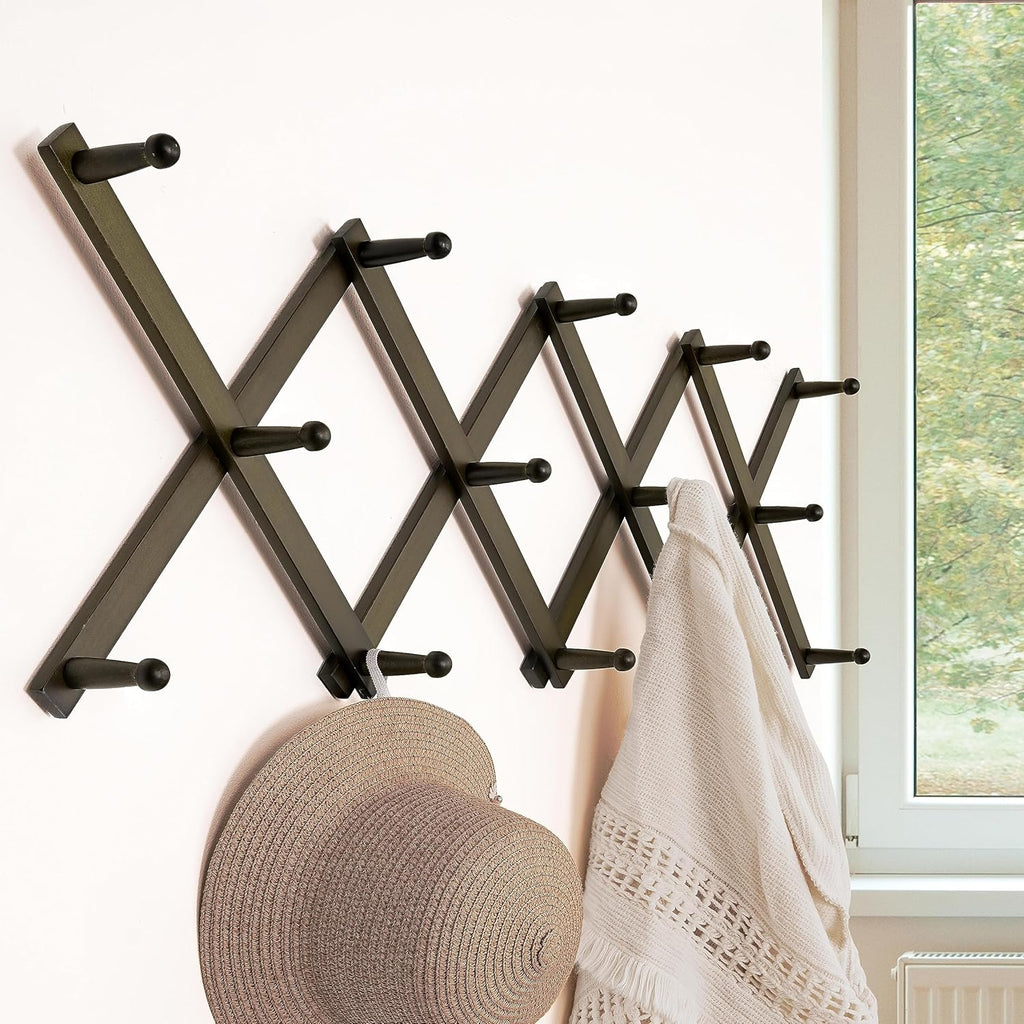 Dseap Accordion Wall Hanger:16'' High Wooden Expandable Coat Rack, Hat Rack for Wall,Accordion Hook for Baseball Caps,Coats,14 Peg Hooks,Dark Walnut