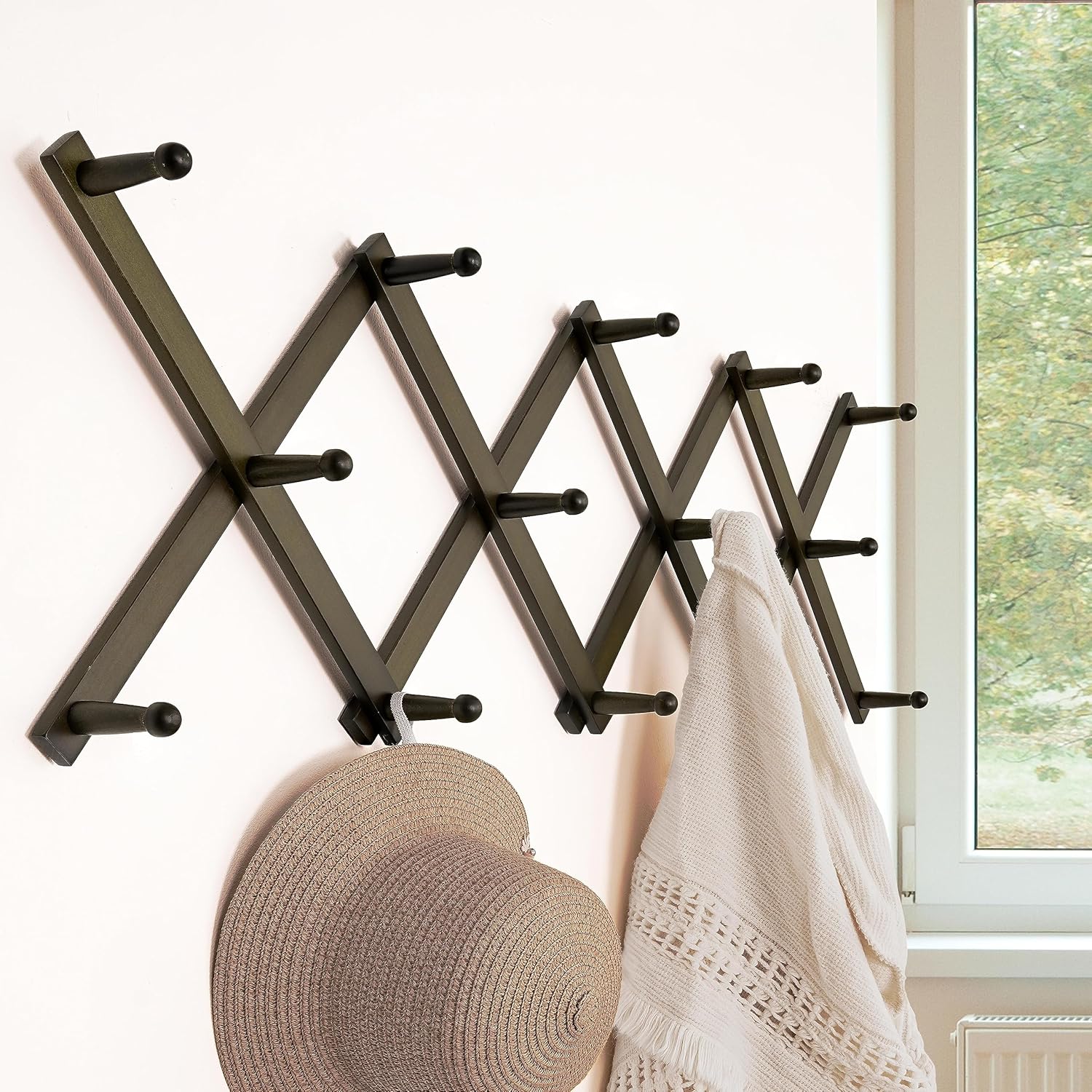 Dseap Accordion Wall Hanger:16'' High Wooden Expandable Coat Rack, Hat Rack for Wall,Accordion Hook for Baseball Caps,Coats,14 Peg Hooks,Dark Walnut