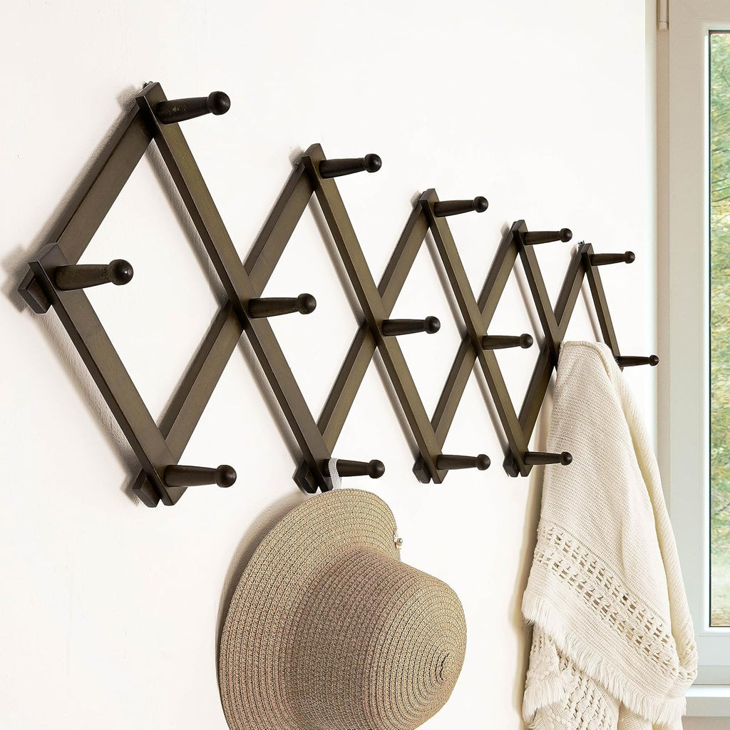 Dseap Accordion Wall Hanger:16'' High Wooden Wall Expandable Coat Rack,Hat Rack Holder,Accordion Hook for Baseball Caps,Coats,16 Peg Hooks,Dark Walnut