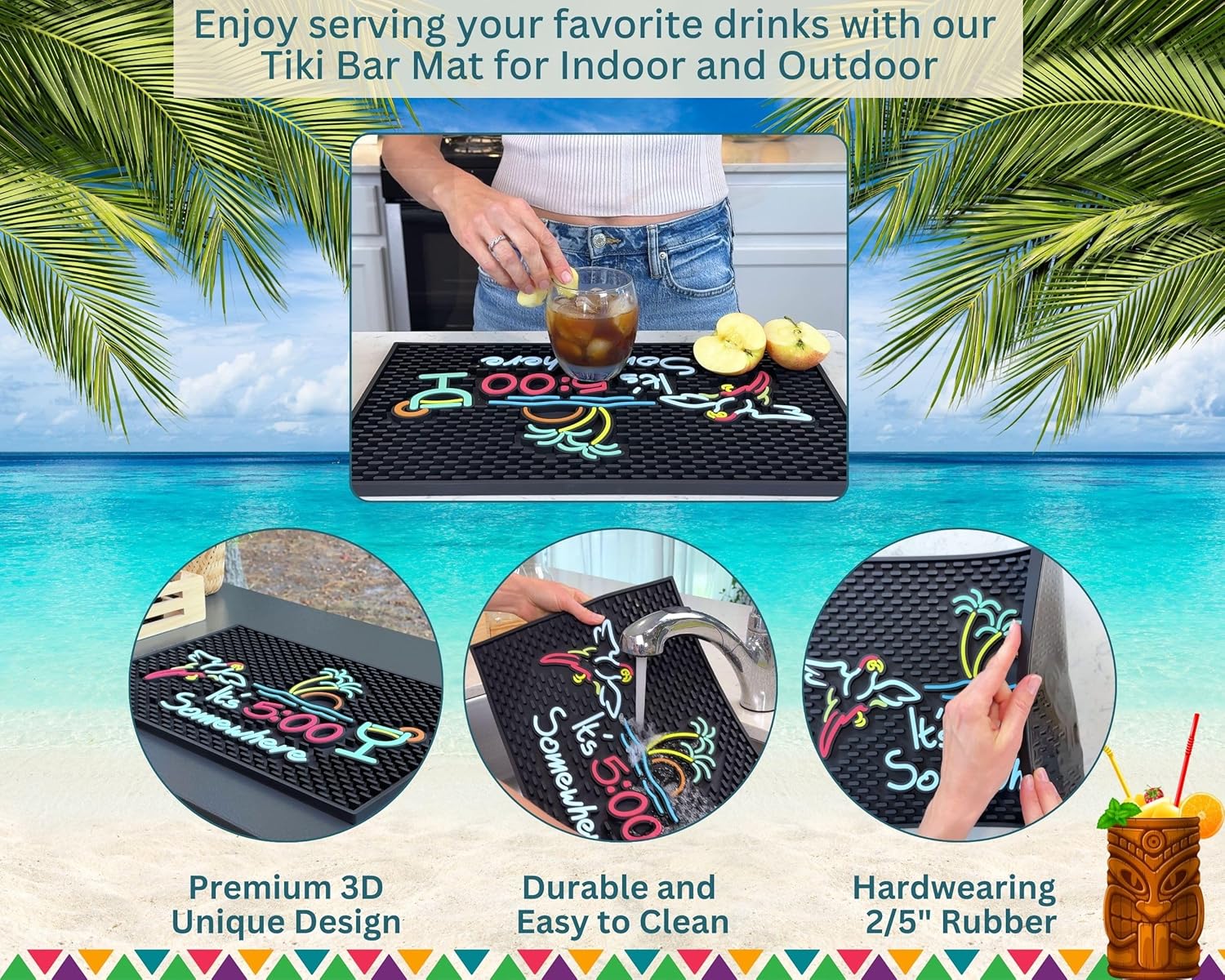 It's 5:00 Somewhere Tiki Bar Mat 18x12 in, Bar Mats for Bartending for Hawaiian Decorations, Luau Party Decorations & Hawaiian Party Decorations, Bar Mats for Countertop, Tiki Bar Essentials