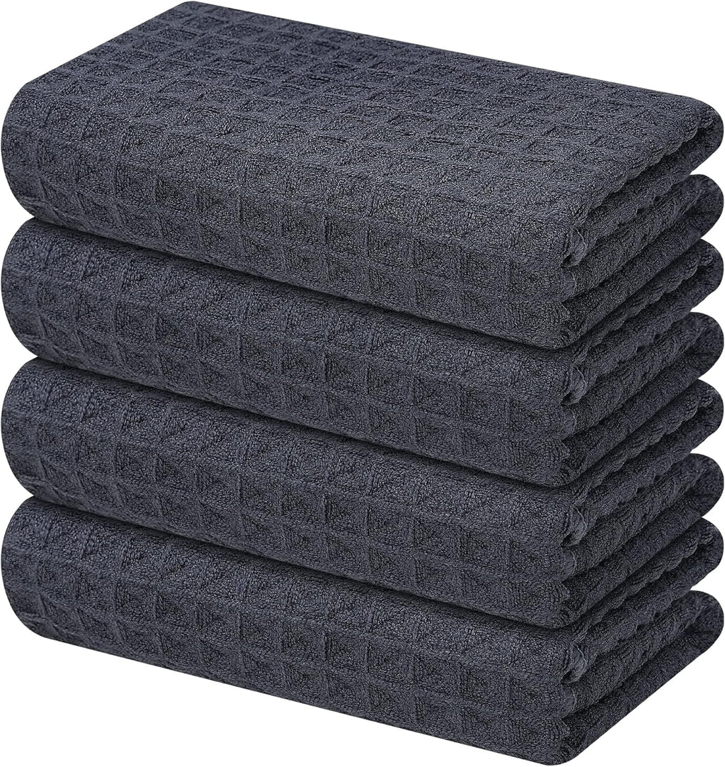 Homaxy Microfiber Waffle Weave Kitchen Towels, 16 x 28 Inch Ultra Absorbent and Solid Color Dish Towels, 4 Pack, Dark Grey