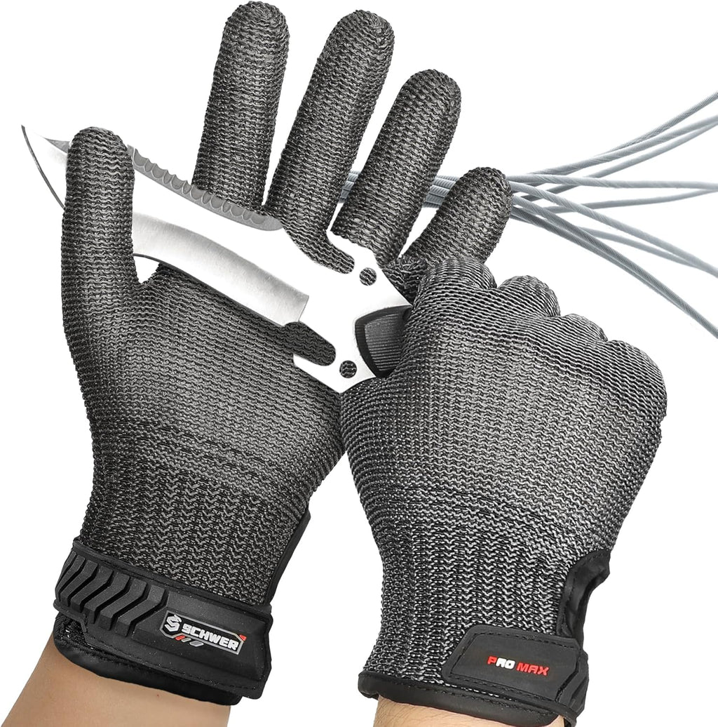 Schwer Ultimate Cut Resistant Gloves Beyond ANSI A9, Reinforced Stainless Steel Glove, Food Grade Mesh Metal Gloves for Butcher Meat Cutting, Oyster Shucking, Mandoline, Non-PFAS, PR1708 (L, 2 PCS)