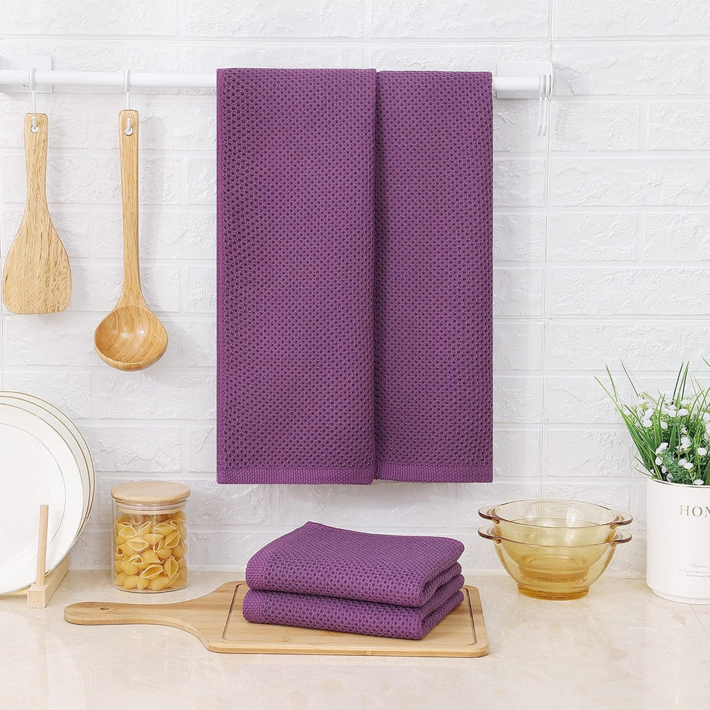 Kitinjoy 100% Cotton Waffle Weave Kitchen Towels, 4-Pack Super Soft and Absorbent Dish Towels for Drying Dishes, Kitchen Hand Towels, 13 in x 28 in, Violet