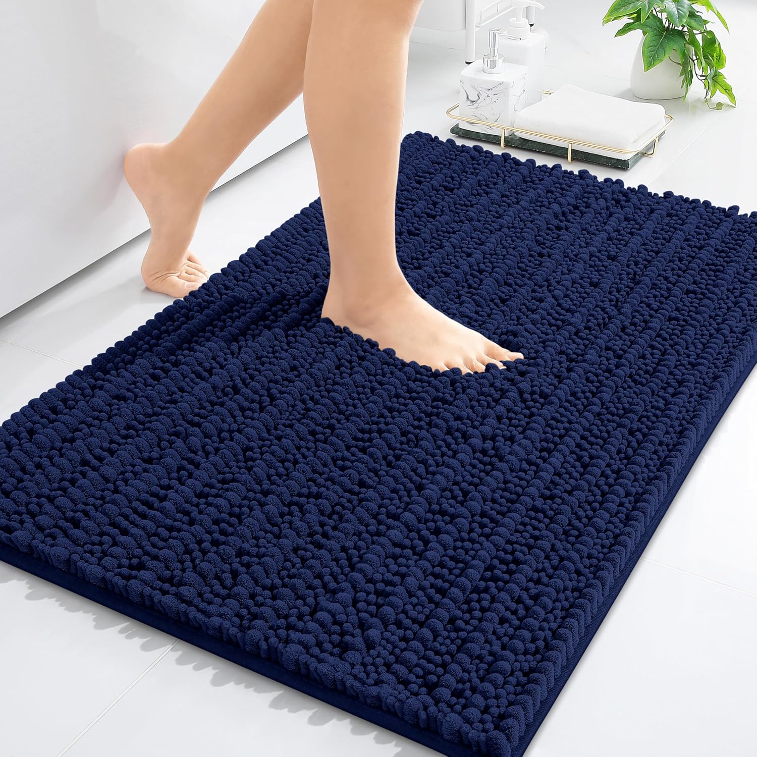 Arotive Luxury Chenille Bathroom Rug Mat, Extra Soft Thick Absorbent Shaggy Bath Rugs, Non-Slip Machine Wash Dry, Plush Bath Mats for Bathroom, Shower and Tub, 30x17, Navy