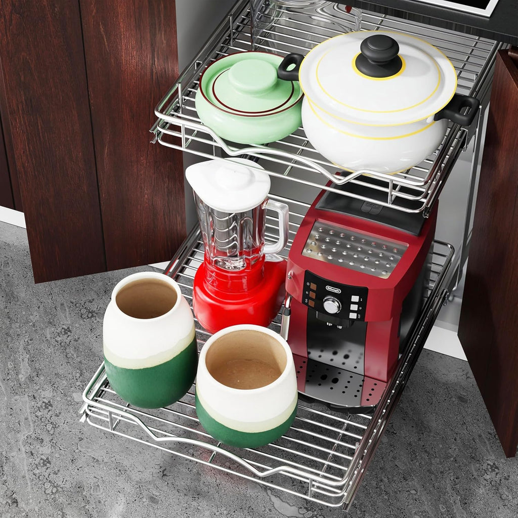 HOLDN’ STORAGE Two Tier Pull Out Cabinet Organizer, Individual Sliding Drawers - Heavy Duty Metal with Lifetime Limited Warranty - Anti Rust Chrome Finish - 20" W x 21”D x 16.5" H