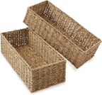 Casafield Set of 2 Bathroom Storage Baskets, Natural - Seagrass, 16" W x 6.75" D x 4.25" H, Woven Toilet Tank Topper Bins for Organizing Tissues, Toilet Paper, Toiletries, Shelves