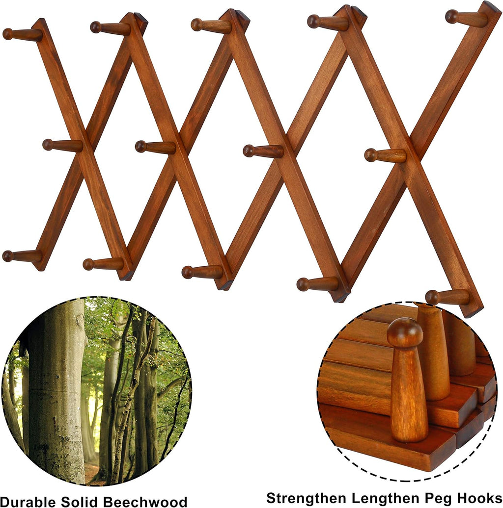 Dseap Accordian Wall Hanger: 16” High Wooden Wall Expandable Coat Rack, Hat Rack Holder, Accordion Hook for Baseball Caps, Coats, Mugs, 14 Peg Hooks, Brown
