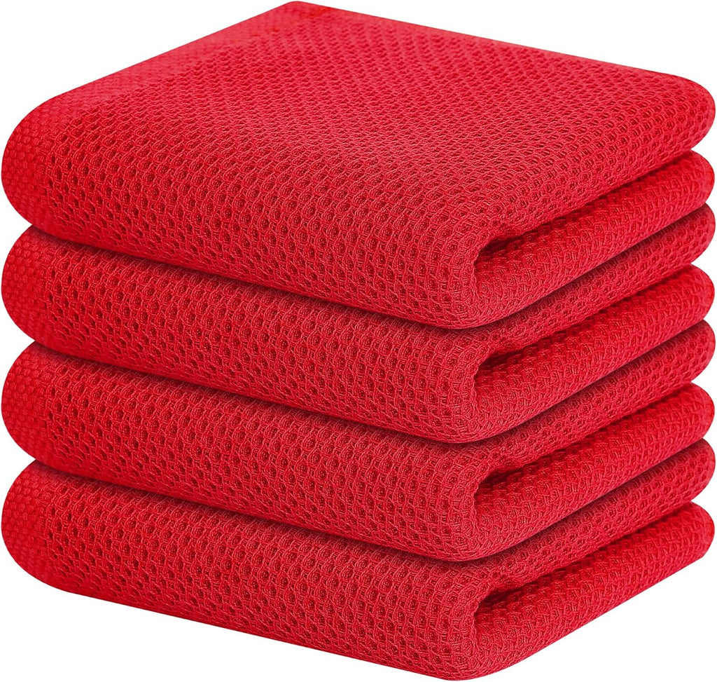Kitinjoy 100% Cotton Waffle Weave Kitchen Towels, 4-Pack Super Soft and Absorbent Dish Towels for Drying Dishes, Kitchen Hand Towels, 13 in x 28 in, Red