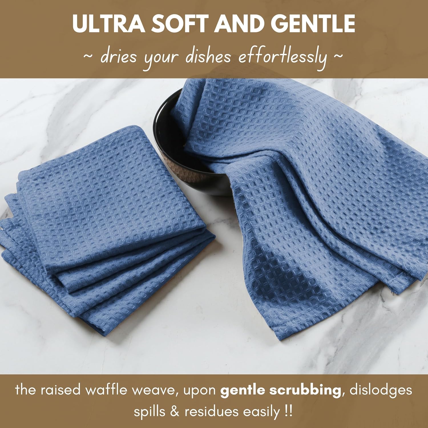 Native Fab Cotton Kitchen Towel with Hanging Loop 16x26 inches, 4-Pack, Waffle Weave Kitchen Towels for Cleaning Drying, Washcloths Soft & Absorbent Cloth Rags, Bar Towel, Dish Cloth, Sky Blue