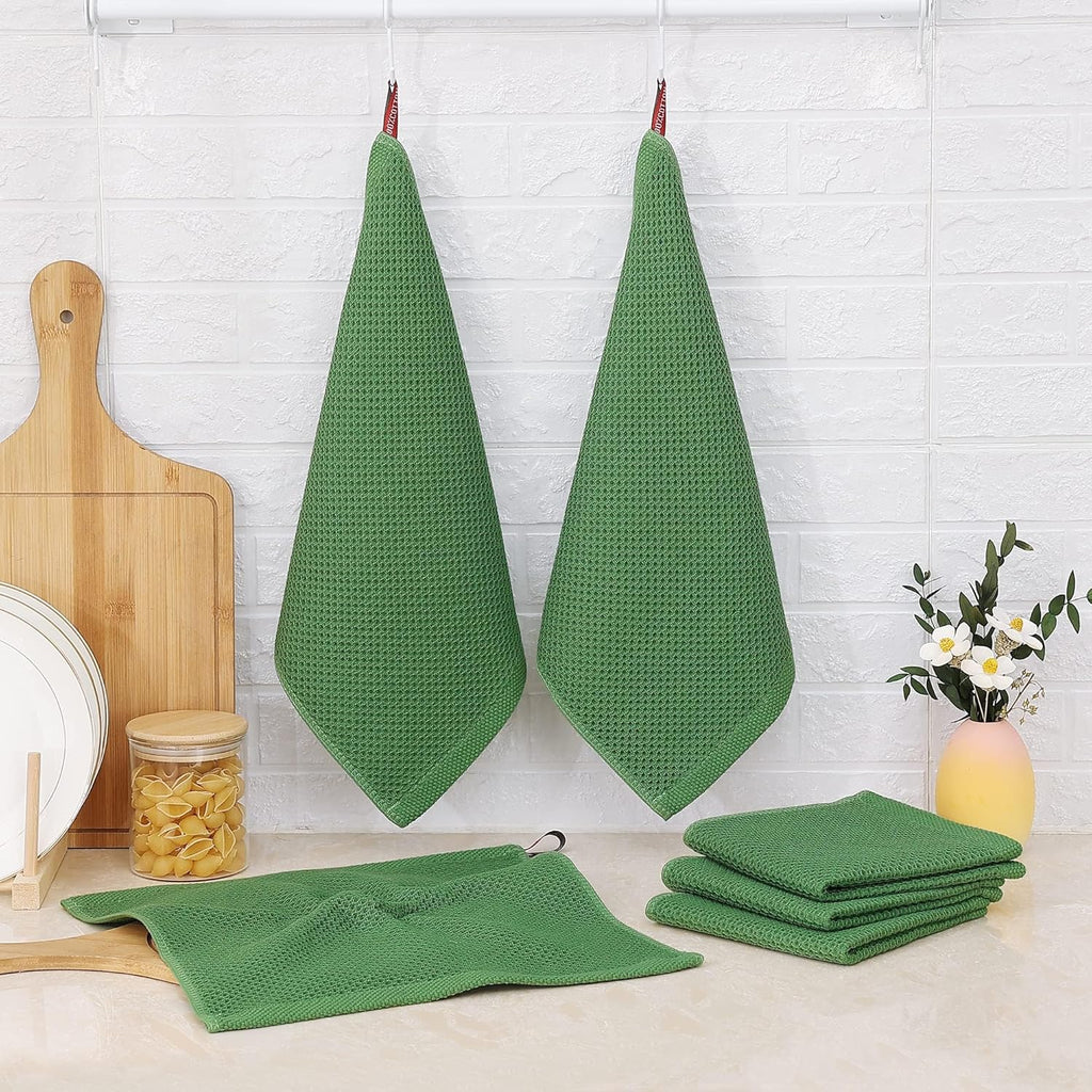 Kitinjoy 100% Cotton Kitchen Dish Cloths, 8 Pack Waffle Weave Ultra Soft Absorbent Dish Towels for Drying Dishes Quick Drying Kitchen Towels Dish Rags, 12 X 12 Inches, Grass Green