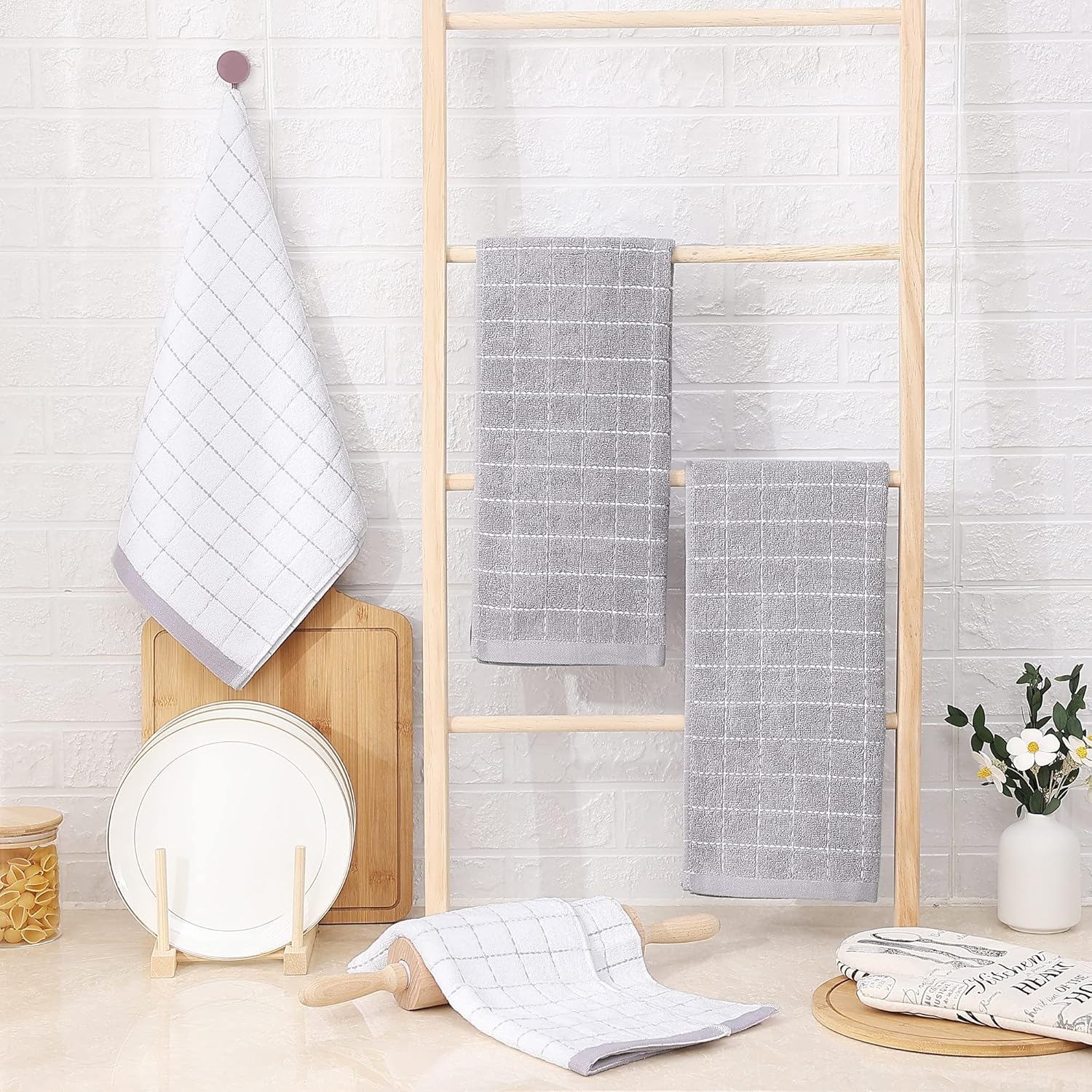 Homaxy 100% Cotton Terry Kitchen Towels(Mixed Color, 13 x 28 Inches), Checkered Designed, Soft and Super Absorbent Dish Towels, 4 Pack