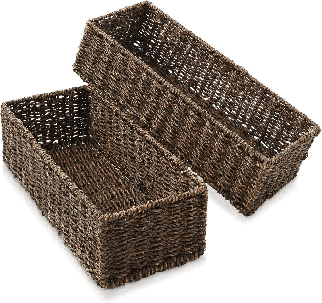 Casafield Set of 2 Bathroom Storage Baskets, Espresso - Seagrass, 16" W x 6.75" D x 4.25" H, Woven Toilet Tank Topper Bins for Organizing Tissues, Toilet Paper, Toiletries, Shelves
