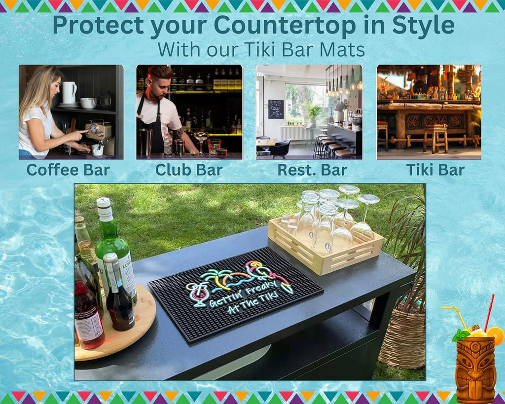 Tiki Bar Mats for Countertop - Perfect Bar Sign Gettin Freaky at The Tiki 18x12 in - Kitchen Counter Decor Tiki Bar Accessories, Tiki Bar for Outside Patio Rubber Bar Mats, Luau Mats for Bartending