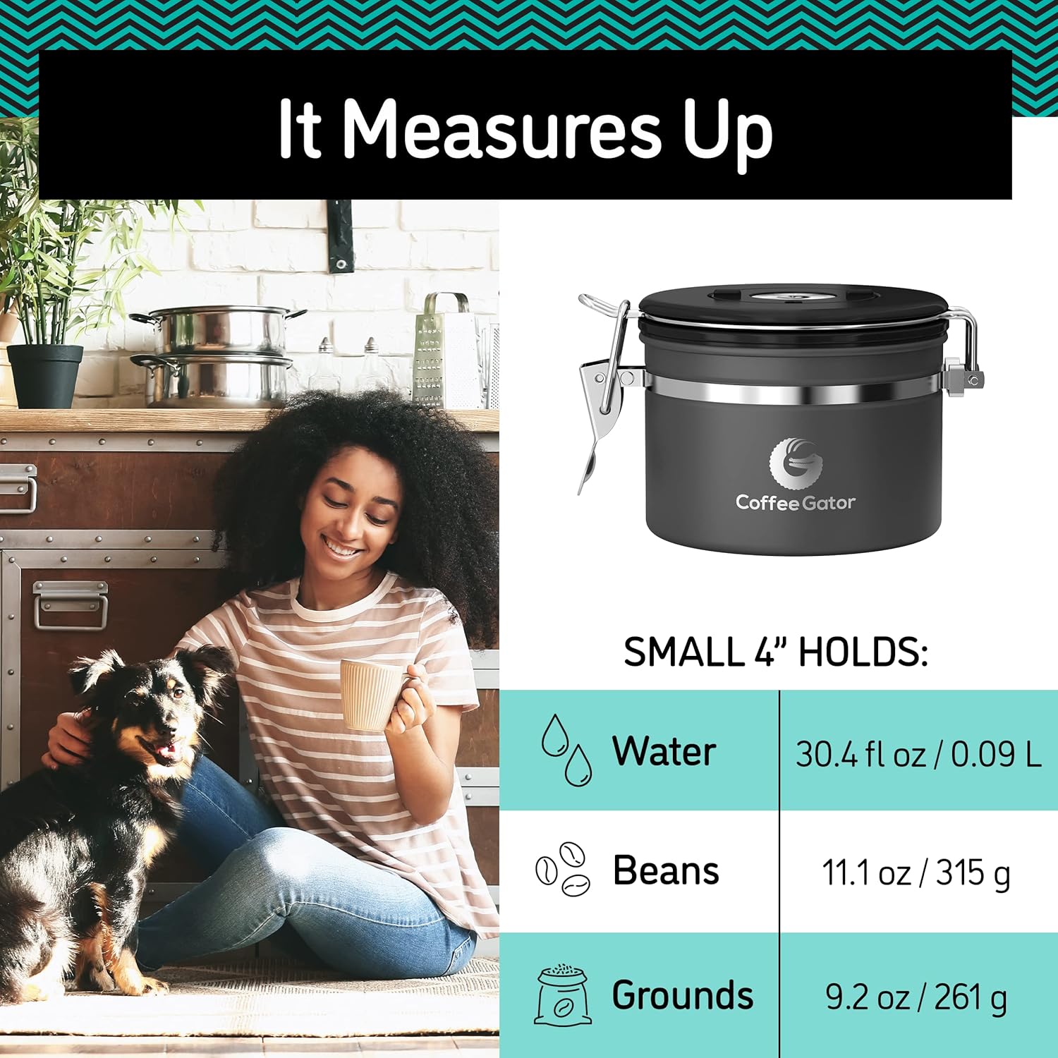 Coffee Gator Coffee Storage - 11oz Small Stainless Steel Tea and Sugar Containers - Stainless Steel Canisters with Date-Tracker, CO2 Valve for Freshness & Scoop - Silver