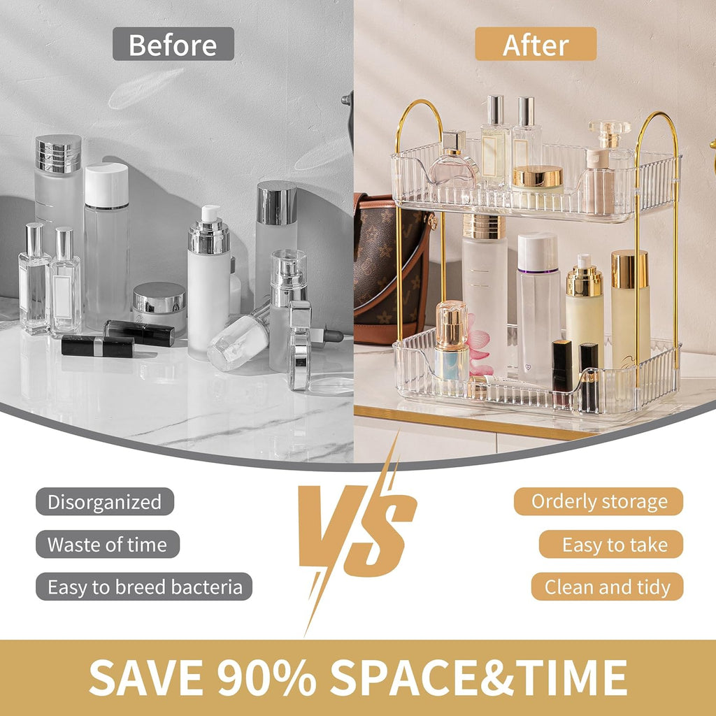 YCIA&DONE Bathroom Organizer Countertop, Makeup Storage, Skincare Cosmetic Tray Shelf, Perfume Holder Rack for Vanity Counter, Large Capacity, Easy to Install, Clean, 2 Tiers, Clear White