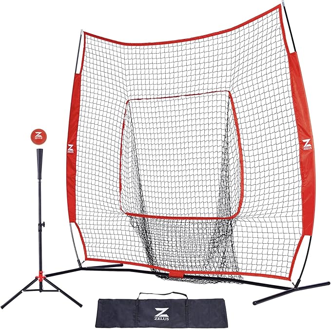 ZELUS Baseball Net 7 ft x7 ft, Softball Hitting & Pitching with Carry Bag, Ground Stakes, Portable Backstop & Bow Frame, Training Equipment for All Ages
