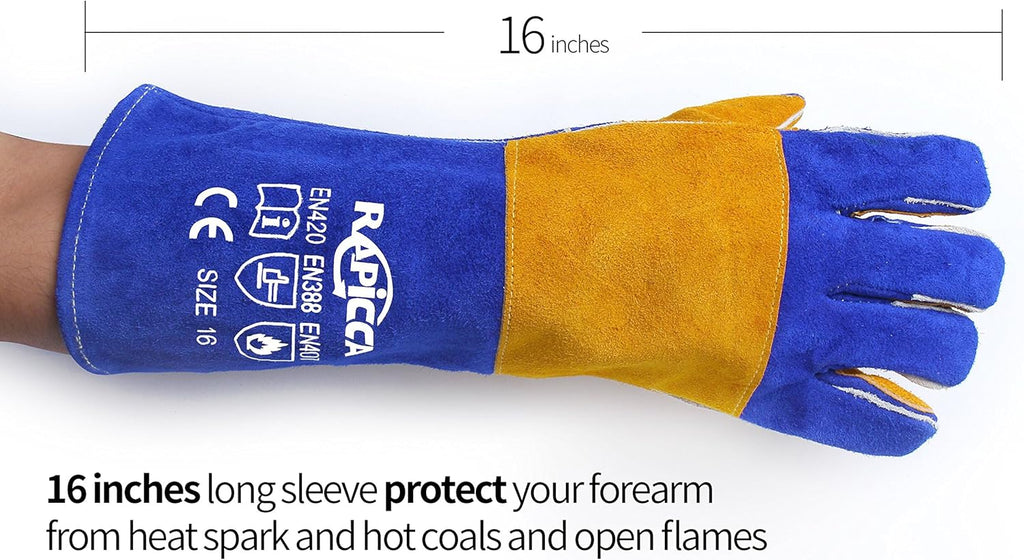 Welding Gloves Fire Heat Resistant: Blue 16IN 932℉ - Fireproof Leather For Stick Mig Flux-Core Welder Forge Blacksmith Fireplace Wood Stove Fire Pit Grill Oven Furnace Handling Dry Ice - Birthday Gift