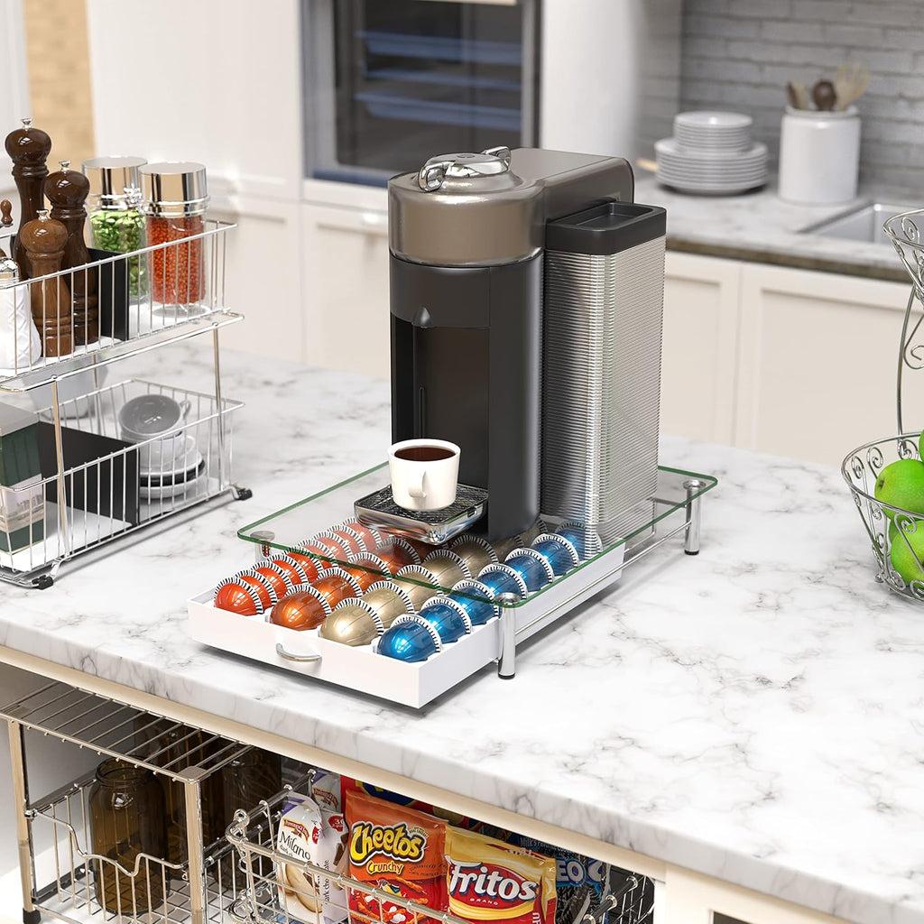 DecoBrothers Crystal Tempered Glass Vertuo Pod Holder Drawer, 28 Large or 56 Small Nespresso Capsule Organizer, White