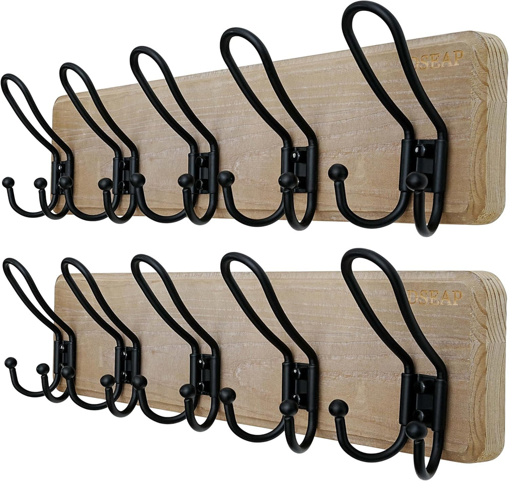 Dseap Coat Rack Wall Mounted - Heavy Duty Farmhouse Rustic Wall Coat Hanger with 5 Wire Hooks for Clothes Hat Jacket Towel, RusticWire, J1-5A, Weathered Brown & Black, Pack of 2