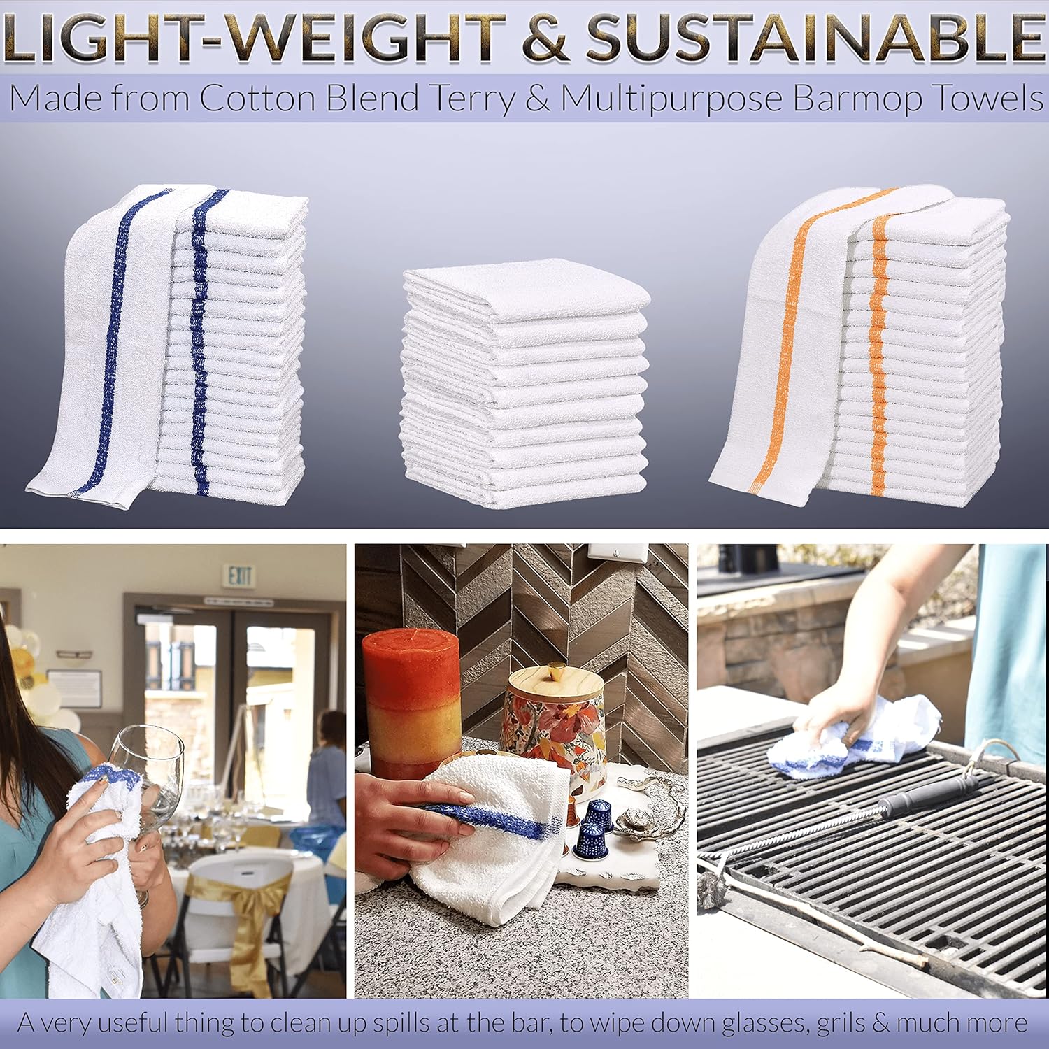 120 PC New Cotton Blend White Restaurant Bar Mops Kitchen Towels (10 Dozen ) (120, Gold Stripe), 32 Oz