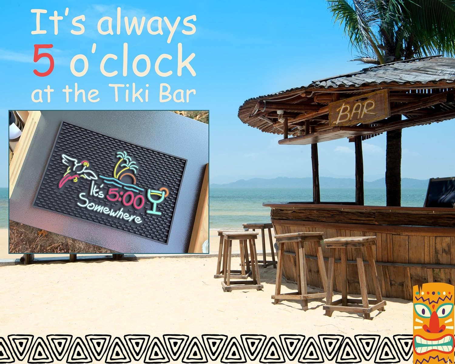 It's 5:00 Somewhere Tiki Bar Mat 18x12 in, Bar Mats for Bartending for Hawaiian Decorations, Luau Party Decorations & Hawaiian Party Decorations, Bar Mats for Countertop, Tiki Bar Essentials