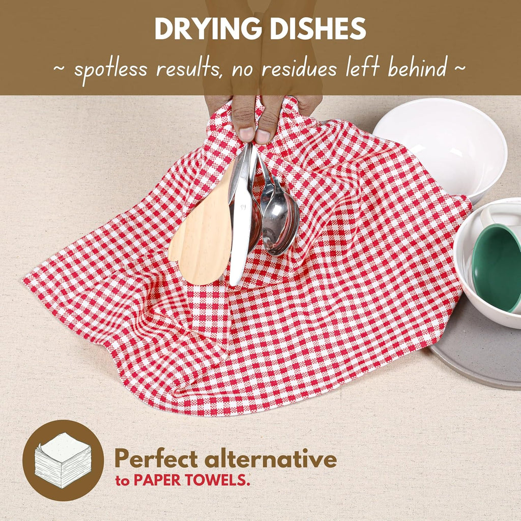 Native Fab Gingham Cotton Kitchen Towel 4 Pack 16"x26" - Absorbent Tea Linen Towels, Dish Cloths, Restaurant Cleaning Towel, Dish Towels with Hanging Loop, Red White